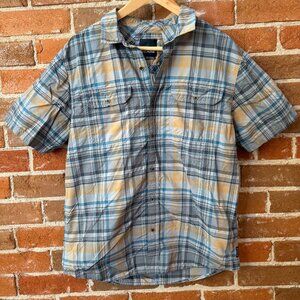 PrAna Mens Short Sleeve Button Up Shirt "Cayman" Blue Plaid Size L